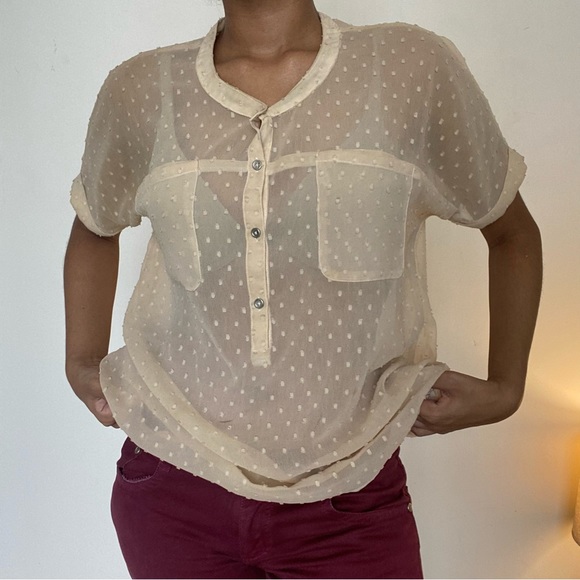 Allen Solly sheer nude beige cream dobby blouse top with pockets. - Picture 2 of 5